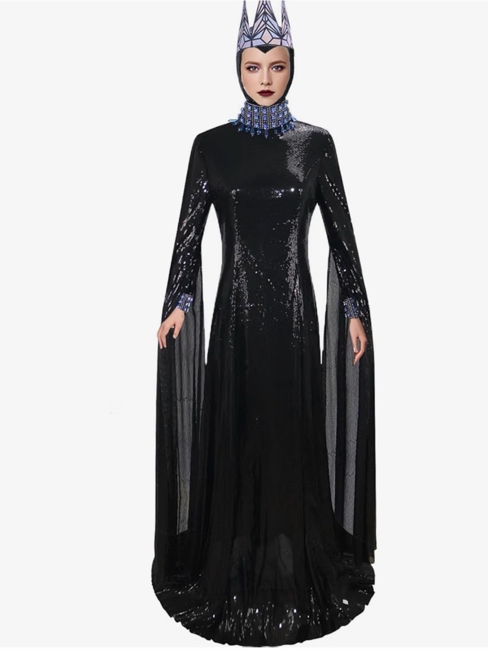 snowhwite villian Black Sequin Evening Gown with Cape Sleeves crown and crown